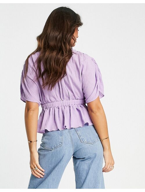 ASOS DESIGN textured plunge front top with elastic waist detail in lilac
