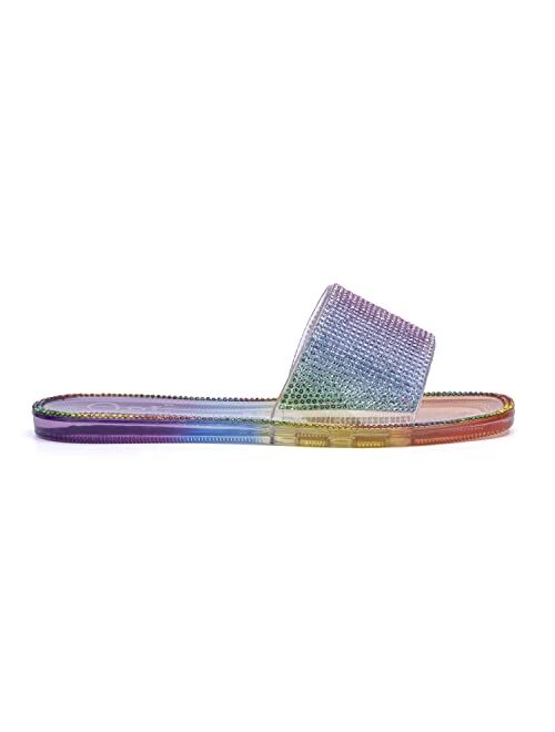 Olivia Miller Kid's Girl Fashion Shoes, Rainbow Multicolor PVC Jelly w Rhinestones Single Band Slip On Open Toe Comfortable Trendy Casual Summer Geli Flat Slide Sandals