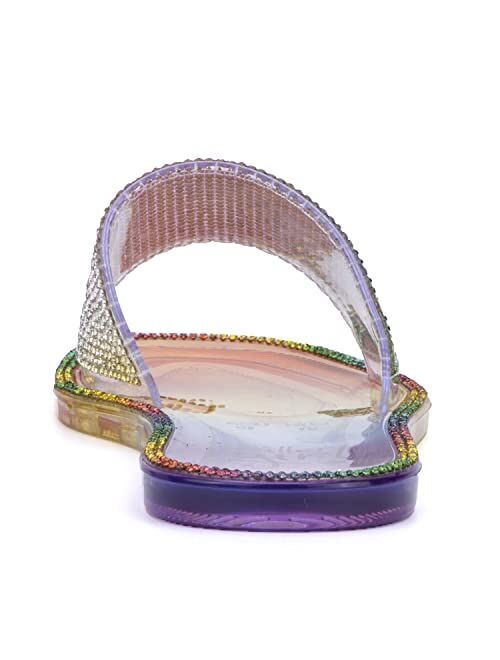 Olivia Miller Kid's Girl Fashion Shoes, Rainbow Multicolor PVC Jelly w Rhinestones Single Band Slip On Open Toe Comfortable Trendy Casual Summer Geli Flat Slide Sandals