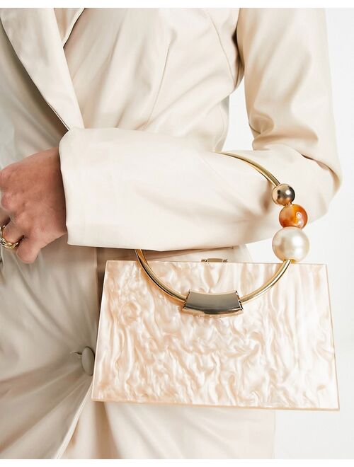 ASOS DESIGN resin clutch bag with metal beaded handle in beige marble