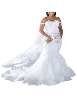 Jerald Norton Ltd Plus Size Off The Shoulder Mermaid Bridal Gown Crystal Beaded Tulle Lace Appliques Sweetheart Wedding Dress for Bride