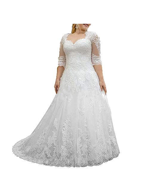 Jerald Norton Ltd Women's Lace Wedding Dresses for Bride with 3/4 Sleeves Plus Size Bridal Gown