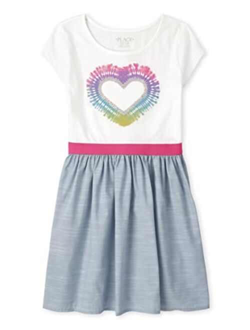 The Children's Place Girls Heart Chambray Knit to Woven Dress