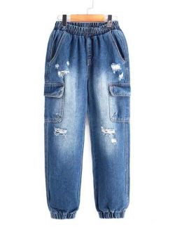 Boys Ripped Flap Pocket Regular Fit Side Cargo Jeans