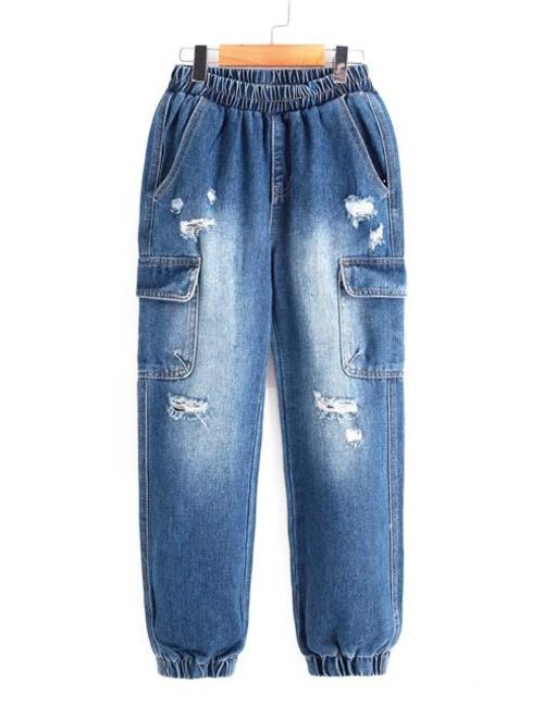 Shein Boys Ripped Flap Pocket Regular Fit Side Cargo Jeans