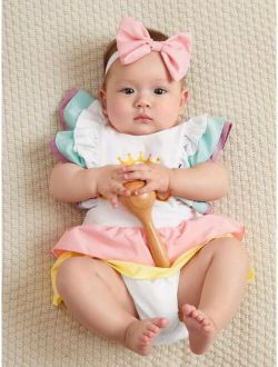 Baby Letter & Crown Print Layered Ruffle Bodysuit & Headband