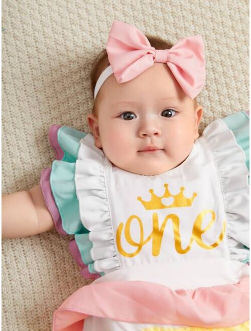 Shein Baby Letter & Crown Print Layered Ruffle Bodysuit & Headband