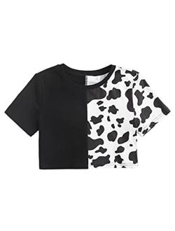 Girl's Casual Cow Print Colorblock Crop Top Crewneck Short Sleeve Tee Shirt