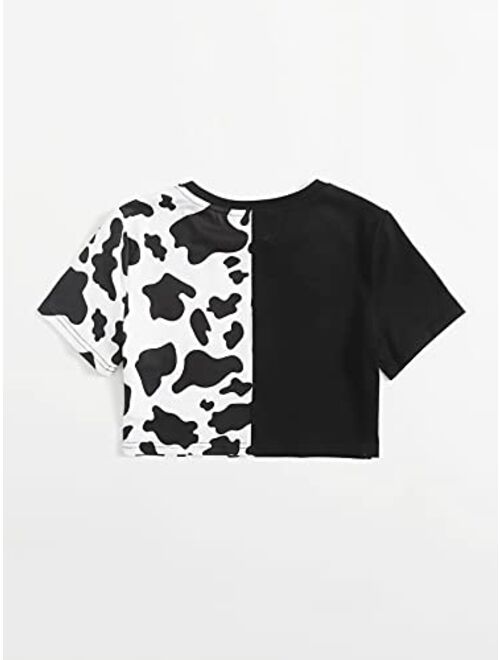 Milumia Girl's Casual Cow Print Colorblock Crop Top Crewneck Short Sleeve Tee Shirt