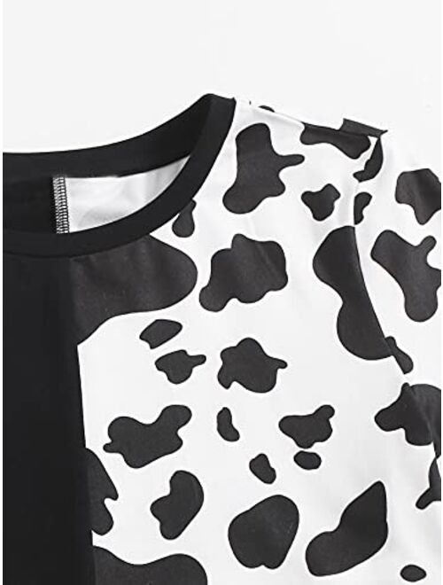 Milumia Girl's Casual Cow Print Colorblock Crop Top Crewneck Short Sleeve Tee Shirt