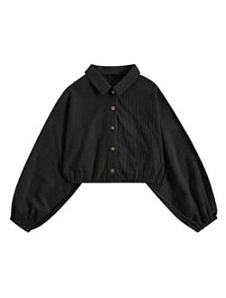 Girl's Casual Button Down Shirt Long Sleeve Crop Top Blouse