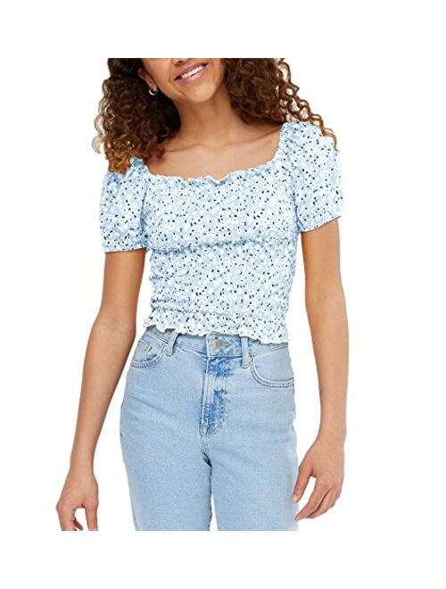 Miniketty Girls' Cute Crop Tops Summer Square Neck Puff Sleeve Smocked Floral Blouses