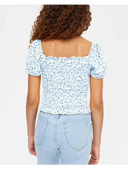 Miniketty Girls' Cute Crop Tops Summer Square Neck Puff Sleeve Smocked Floral Blouses