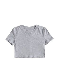 Girls Casual V Neck Short Sleeve Solid Crop Tops Tee Shirts