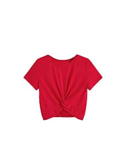 Girl's Casual Twist Hem Short Sleeve Round Neck Crop Top Tee Shirt