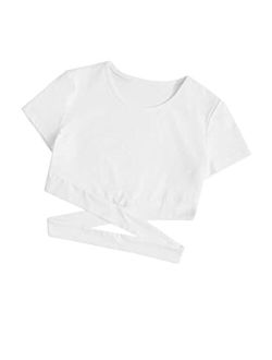 Girl's Cute Cutout Short Sleeve Crisscross Solid Crop Tops Tee T-Shirts