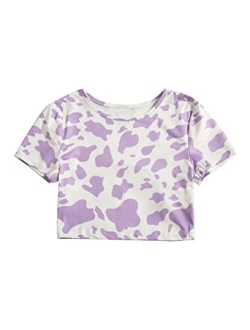 Girls Summer Print Short Sleeve Round Neck Crop Tops Tee Shirts