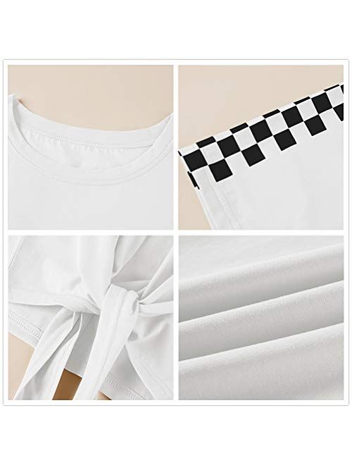 CNJFJ Girls Casual Crew Neck T-Shirts Short Sleeve Solid Color Plaid Hem Tie Strap Tops