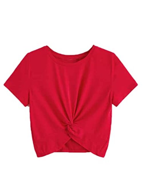 Romwe Girl's Casual Geo Print Short Sleeve Twist Hem Crop Tops Tee Shirts