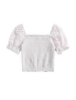 Girl's Eyelet Embroidery Shirred Top Square Neck Puff Short Sleeve Blouse