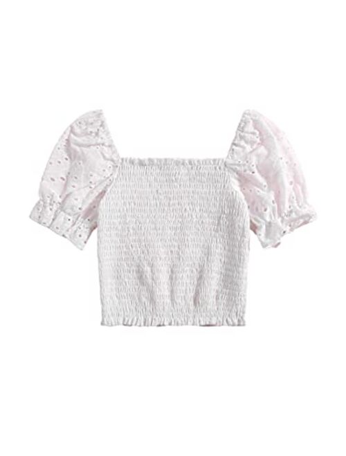Milumia Girl's Eyelet Embroidery Shirred Top Square Neck Puff Short Sleeve Blouse