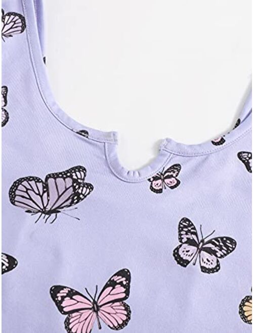 Romwe Girl's Cute Butterfly Print Sleeveless Lettuce Trim Tank Crop Tops Vest