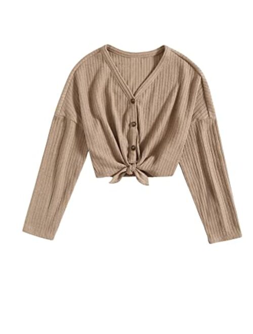 SOLY HUX Girl's V Neck Button Down Long Sleeve Tee Tie Knot Hem Crop Top
