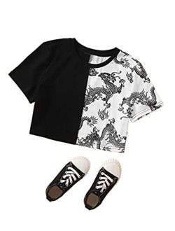 Girl's Kids Color Block Dragon Print Short Sleeve Basic Crop Tops T Shirt