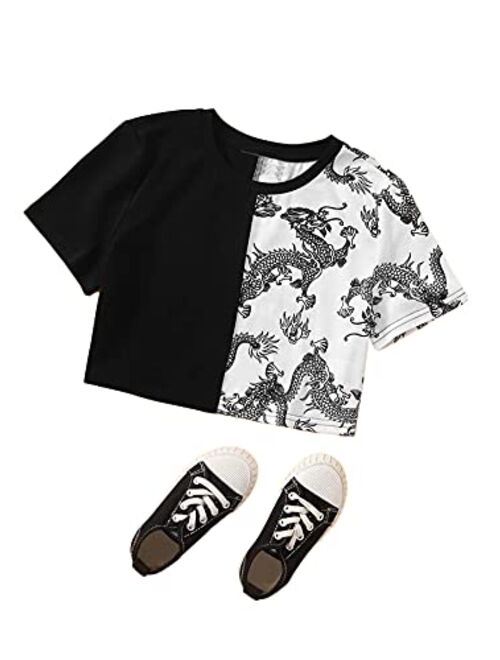 Romwe Girl's Kids Color Block Dragon Print Short Sleeve Basic Crop Tops T Shirt