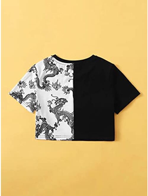 Romwe Girl's Kids Color Block Dragon Print Short Sleeve Basic Crop Tops T Shirt