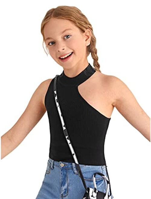 Romwe Girl's Sleeveless Cutout Shoulder Mock Neck Ribbed Tank Crop Tops Vest