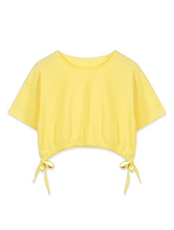 QianSiLi Girls Crop Tops Casual Short Sleeves Crew Neck Solid Color Cute Bowknot Drawstring Side Ruched Tee Shirts