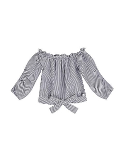 Merqwadd 2-13Years Kid Girls Off Shoulder Blouse Striped Tie-Knot Front Crop Top Fashion Shirts
