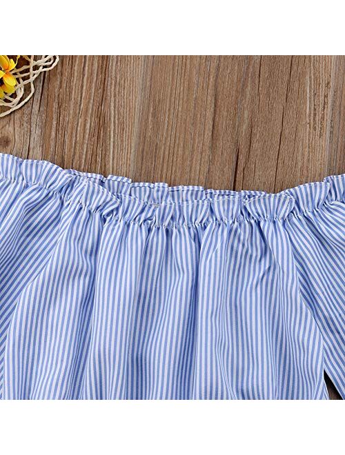 Merqwadd 2-13Years Kid Girls Off Shoulder Blouse Striped Tie-Knot Front Crop Top Fashion Shirts