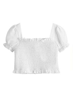 Girl's Shirred Frill Trim Blouse Square Neck Puff Short Sleeve Crop Tops