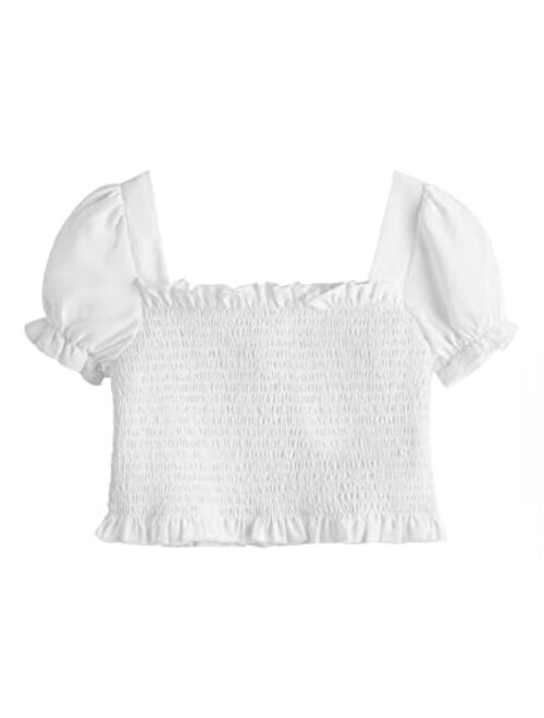 Milumia Girl's Shirred Frill Trim Blouse Square Neck Puff Short Sleeve Crop Tops
