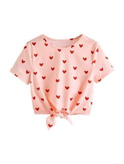 Girl's Casual Heart Print Knot Hem Crop Top Round Neck Short Sleeve Tee Shirt