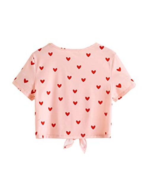 Milumia Girl's Casual Heart Print Knot Hem Crop Top Round Neck Short Sleeve Tee Shirt