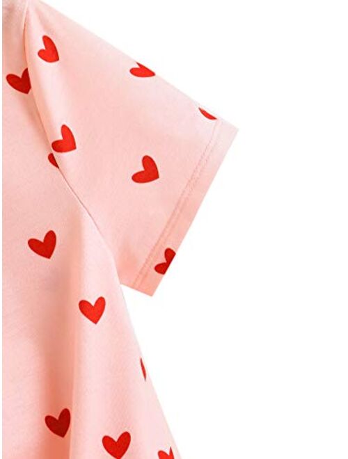 Milumia Girl's Casual Heart Print Knot Hem Crop Top Round Neck Short Sleeve Tee Shirt