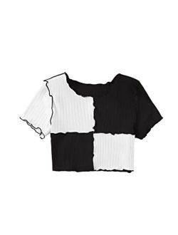 SOLY HUX Girl's Color Block Lettuce Trim Short Sleeve Tee Ribbed Knit T Shirt Crop Top