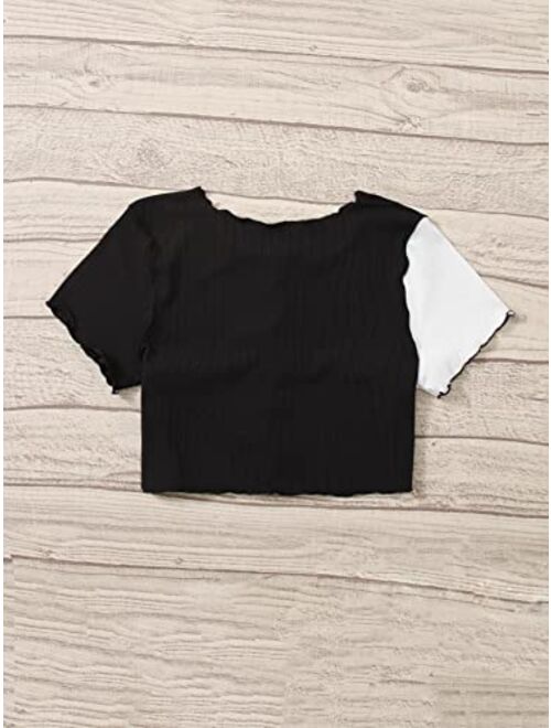 SOLY HUX Girl's Color Block Lettuce Trim Short Sleeve Tee Ribbed Knit T Shirt Crop Top