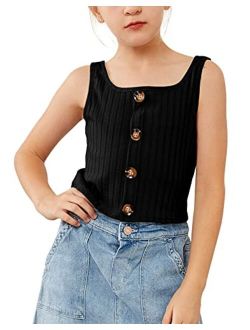 Batermoon Girls Crop Tops Summer Ribbed Button Down Tank Tops Sleeveless Big Kids Shirts 7-14 Years