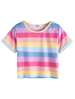 Boyoo Girl's Short Sleeve T Shirt Kids Fashion Tee Tie Dye Crewneck Rolled Cuffs Crop Top for 5-14 Years