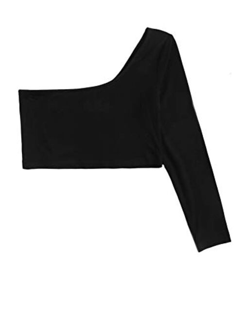 Milumia Girl One Shoulder Long Sleeve Crop Top Asymmetrical Neck Solid Tee Shirt