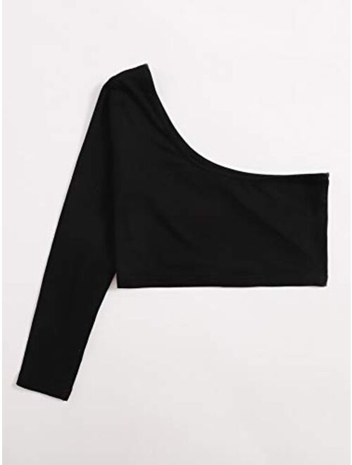 Milumia Girl One Shoulder Long Sleeve Crop Top Asymmetrical Neck Solid Tee Shirt