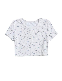 Girl's Floral Print Short Sleeve Tee Button Down Crop Top T Shirt