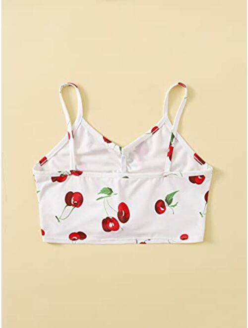 Romwe Girl's Kids Cherry Print Sleeveless Ruched Cropped Cami Tops Camisole