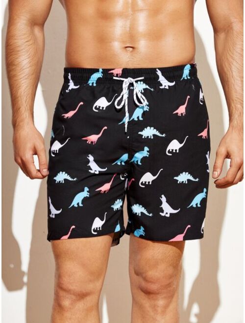 Shein Men Random Dinosaur Print Drawstring Waist Swim Trunks