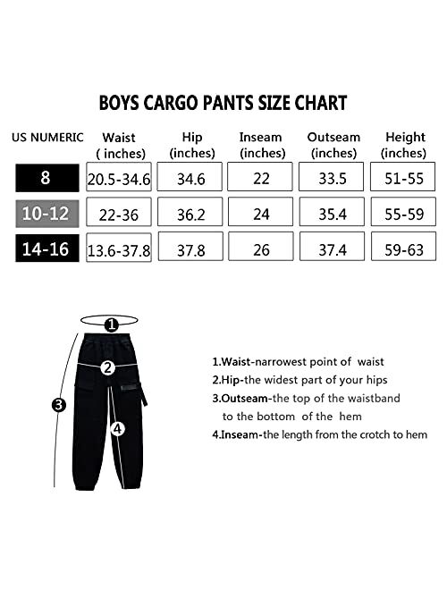 MEILONGER Boys Cargo Pants Cotton Casual Pants Loose Hiking Bottoms Elastic Cuffed Joggers
