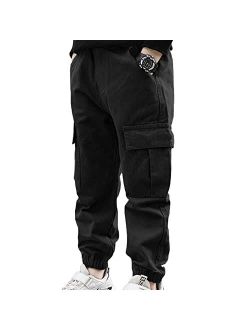 JanJean Kids Boys Cargo Joggers Pants Elastic Waist Cuffed Trousers Casual Dungarees Pants with Multi-Pocket 6-14 Years